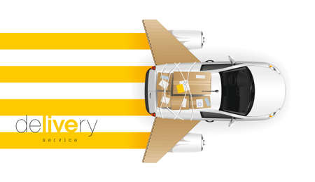 Completely loaded white car of the delivery service with cardboard side panels and aviation engines quickly and in time will deliver any freight.のイラスト素材