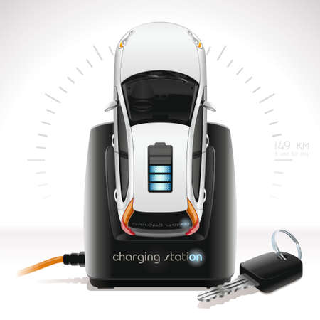 The white electric vehicle is charge at the black station of recharge as ordinary phone. Nearby the key from the electric vehicle lies. To recharge the electric vehicle battery also simply as phone.のイラスト素材