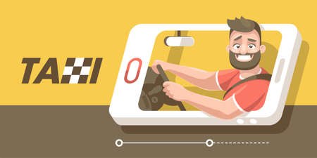 The driver of the car goes in the smartphone and smiles from window, holding two hands wheel.のイラスト素材