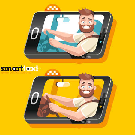 The driver of the car goes in the smartphone and smiles from window, holding two hands wheel.のイラスト素材