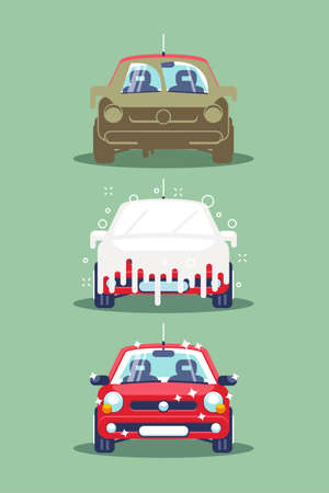 Three stages of touchless car washing at an automatic station. Dirty car, car in the process of washing and clean the carのイラスト素材