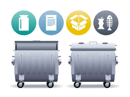 Two large metal street containers in open and closed forms for separate collection of garbage with waste types icons.のイラスト素材