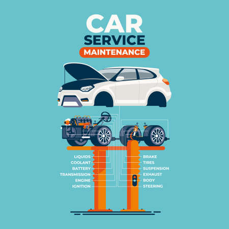 The car on the lift in the car service is divided into two - body part and mechanical part. Components of vehicle systems are shown.
のイラスト素材