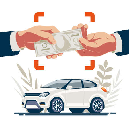 The moment of purchase of the car by the buyer and transfer of money from hands to hands against the background of the vehicle.のイラスト素材