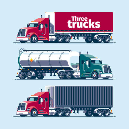 Three heavy trucks with different cargo trailers - tilt, tank, container. Blank vector template mockup.のイラスト素材