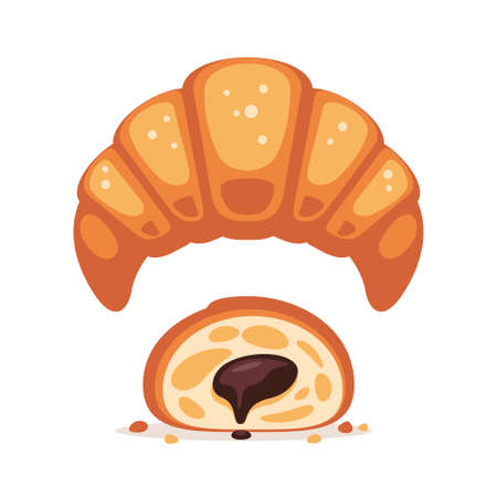 Baked croissant with side and cutaway. Flat style sweets.のイラスト素材