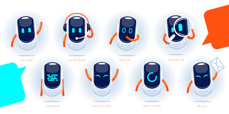 Chatbot avatar icon set. Cartoon robot character vector icons for web design and mobile app.