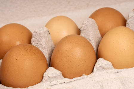 Organic brown eggs in a recycled paper tray.