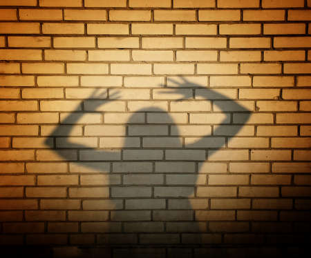 shadow of a girl with hands up and old brick wall.の写真素材