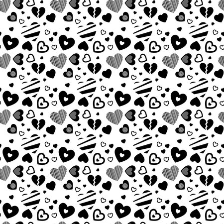 seamless pattern of many different black hearts isolated on white backgroundの写真素材