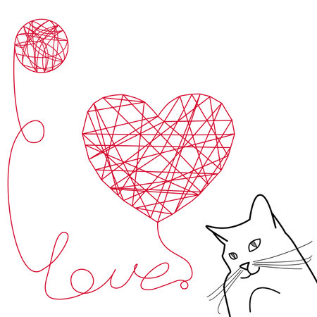 Cute black cat and red heart made from threads and red skein of thread, on a white background, Vector illustration.のイラスト素材