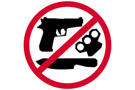 No weapons sign with red round and symbols of knife and gun.