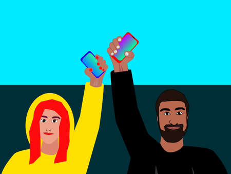 Girl and guy with smartphones, development of new technologies and useful services.
