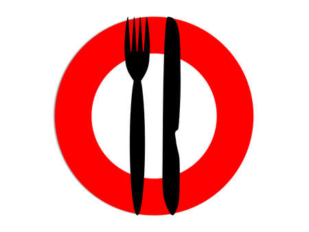 Fork and spoon on a red plate, a sign of diet.のイラスト素材