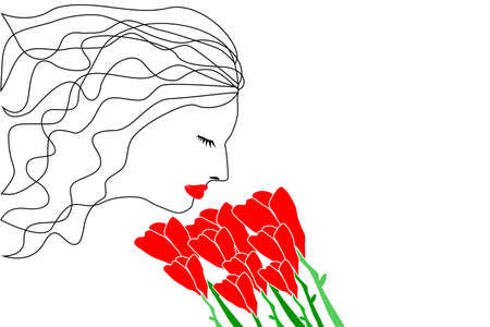 girl and red flowers, sketch wavy lines.のイラスト素材
