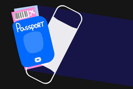 Passport and plane tickets with face mask on black background.のイラスト素材