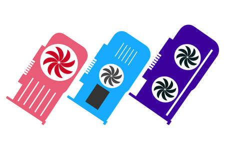 Three Video Graphics Cards For Gaming or Cryptocurrency Mining, vector icons.