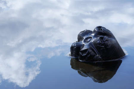 Black plastic bottle floating in river at the water surface, reflection of sky and clouds in water,...