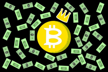 Golden bitcoin symbol with a crown and a lot of 1000 money bills on a black backgroundのイラスト素材