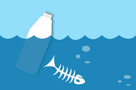 A floating plastic bottle and fish skeleton in the water of ocean or sea, river or lake. Concept illustration of water pollution, ecology issues or environmental protection.のイラスト素材