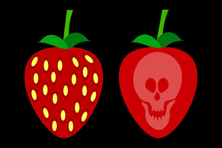 dangerous ripe strawberry with a skull on it, the concept of the dangers of chemical additives and pesticides in fruit growing.のイラスト素材