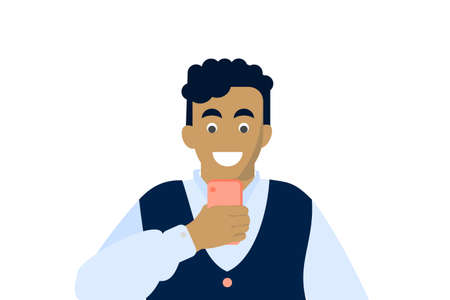 Boy, young man or teenager holding mobile smartphone with happy expression on his face.のイラスト素材