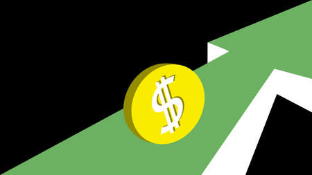 Green arrow and currency symbol dollar, exchange rate growth.