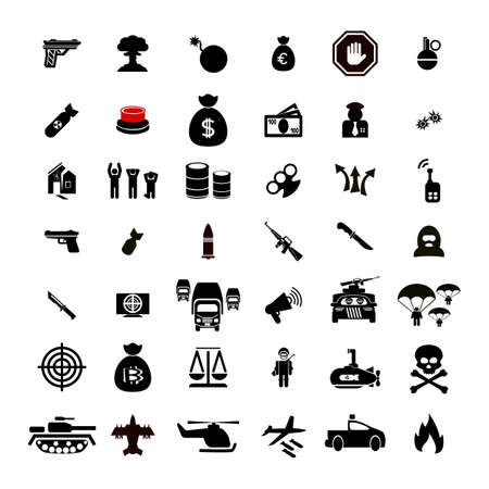 Military and war icons, armed conflicts or crimes vector pictograms.のイラスト素材