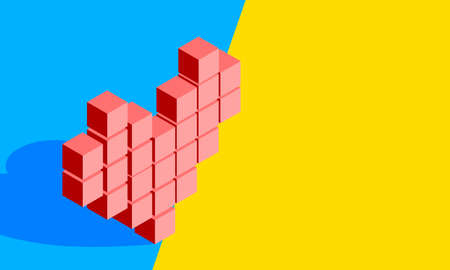 Isometric heart on Blue and yellow background.