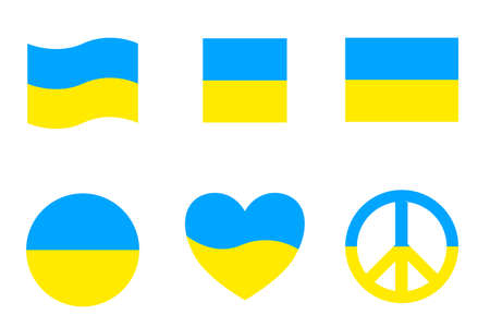 Ukraine flag icons vector set. Flag of Ukraine on white background. Flag and peace icon, square, circle and heart shape icons or ukrainian flag symbolsのイラスト素材