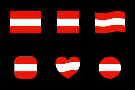 Austrian flag icons set. Flag of Austria on black background. Flag and peace icon, square, circle and heart shape icons or Austrian flag symbolsのイラスト素材