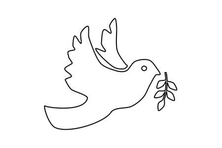 A white dove with a branch line illustration on a white background, a symbol of peace.のイラスト素材