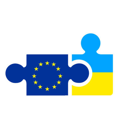puzzle pieces of Ukraine and European Union states flags. vector illustration isolated on white backgroundのイラスト素材