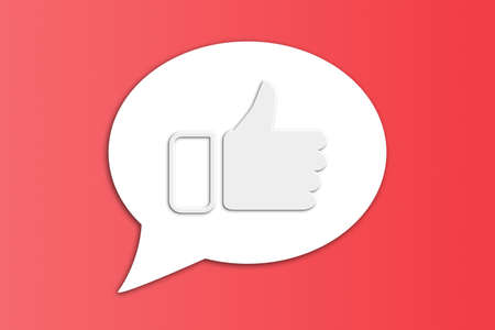 White thumb up gesture on speach bubble, message icon or sign on red background.