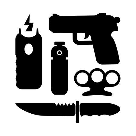 weapons or self defense equipment, icons set isolated on a white background.のイラスト素材