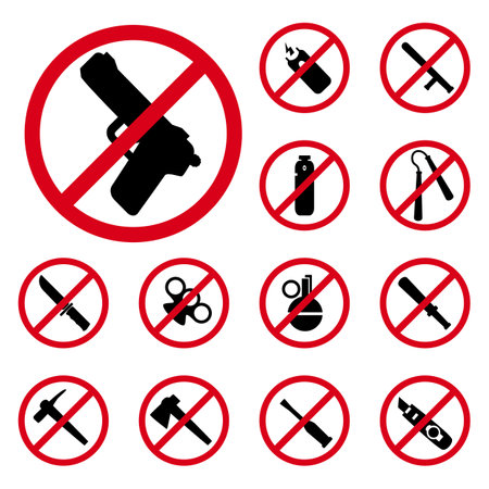 No weapons or dangerous items vector set, red round prohibitory signs.