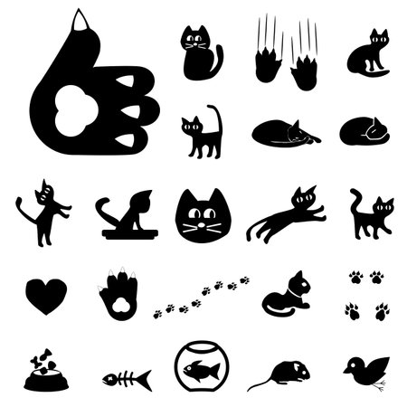 Cute Black cat icons or symbols, vector set. Collection of funny looking cats.のイラスト素材