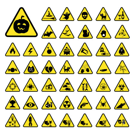 playful and funny scary warning icons and signs, yellow scary triangular warning signs.のイラスト素材