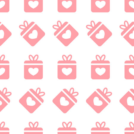 gifts with gift ribbon bow and heart symbol, seamless pattern on white background.のイラスト素材