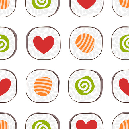 Sushi rolls set with heart signs, seamless pattern on white backgroundのイラスト素材