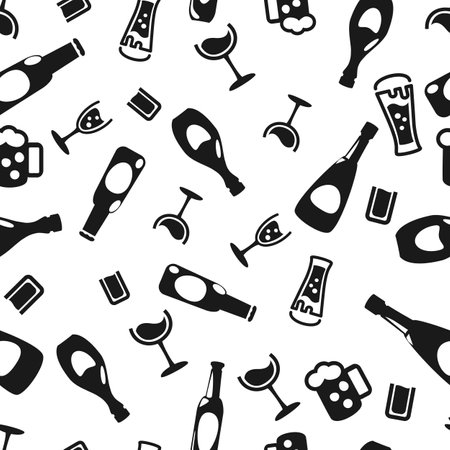 Bottles for drinks and different glasses, seamless pattern on a white backgroundのイラスト素材