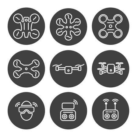 drones and drone remote control vector set of filled iconsのイラスト素材