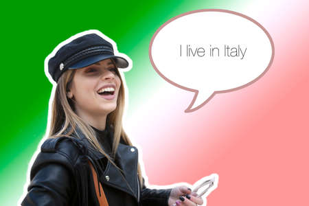 Banner I live in italy whit beautiful italian woman whit smileの写真素材