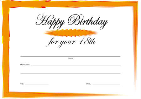 Certificate of wishes for over 18 years of age for birthday with text for motivation in vector format in orange colorのイラスト素材