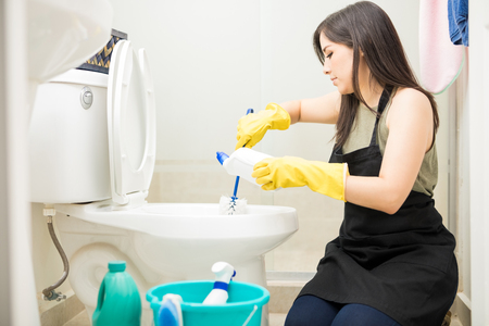Dutiful housewife cleaning toilet bowl with soap detergent and brush wearing black apron and protective gloves maintaining hygieneの写真素材