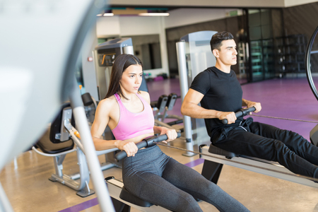 Good looking athletes training hard on rowing machines at health clubの写真素材