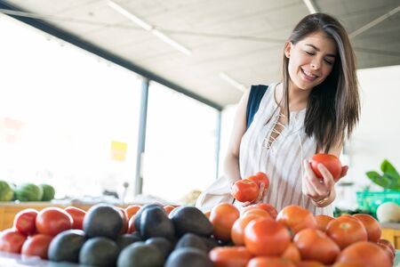 Female customer smiling while picking out ripe tomatoes in grocery storeの写真素材