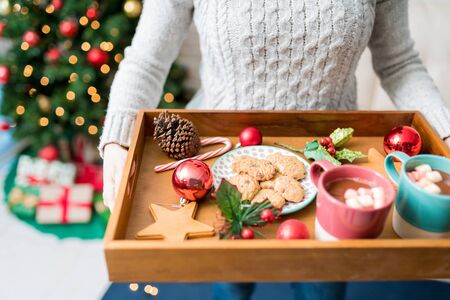 Midsection of woman carrying tray with hot chocolate and cookies during Christmas time at homeの写真素材