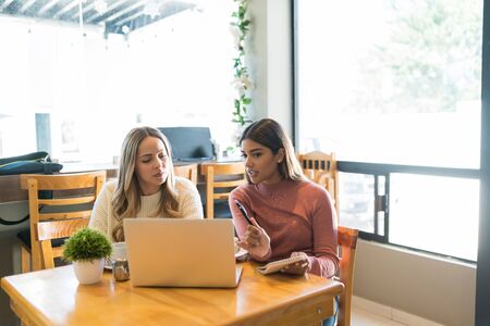 Young businesswomen discussing ideas over laptop while sitting at table in restaurant