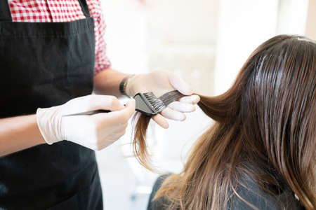 Male hairstylist applying dye on hair of female customer at beauty salonの写真素材